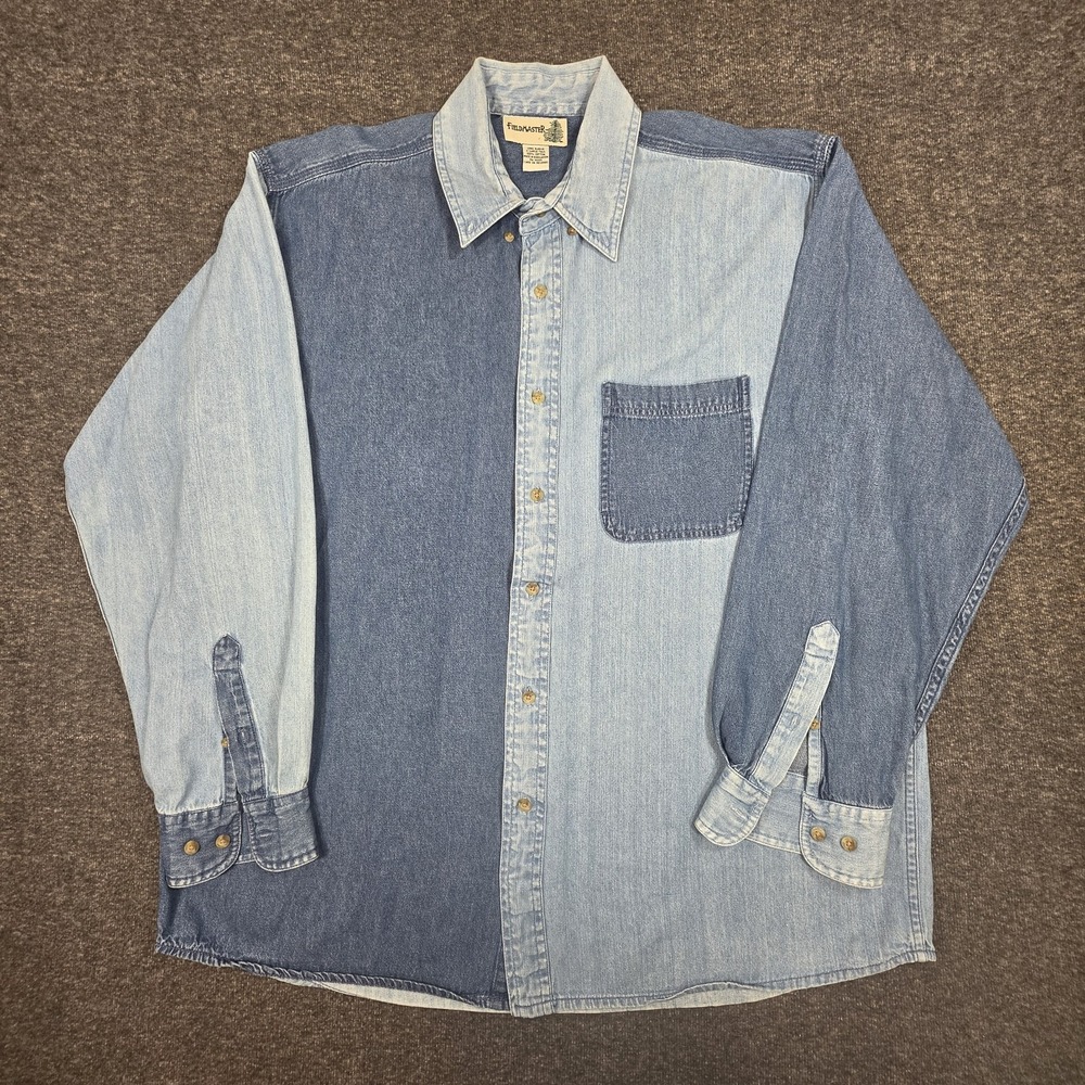 Vintage 90's Button Up Shirt Mens Size XLT Denim Colorblock Relaxed Fit Workwear